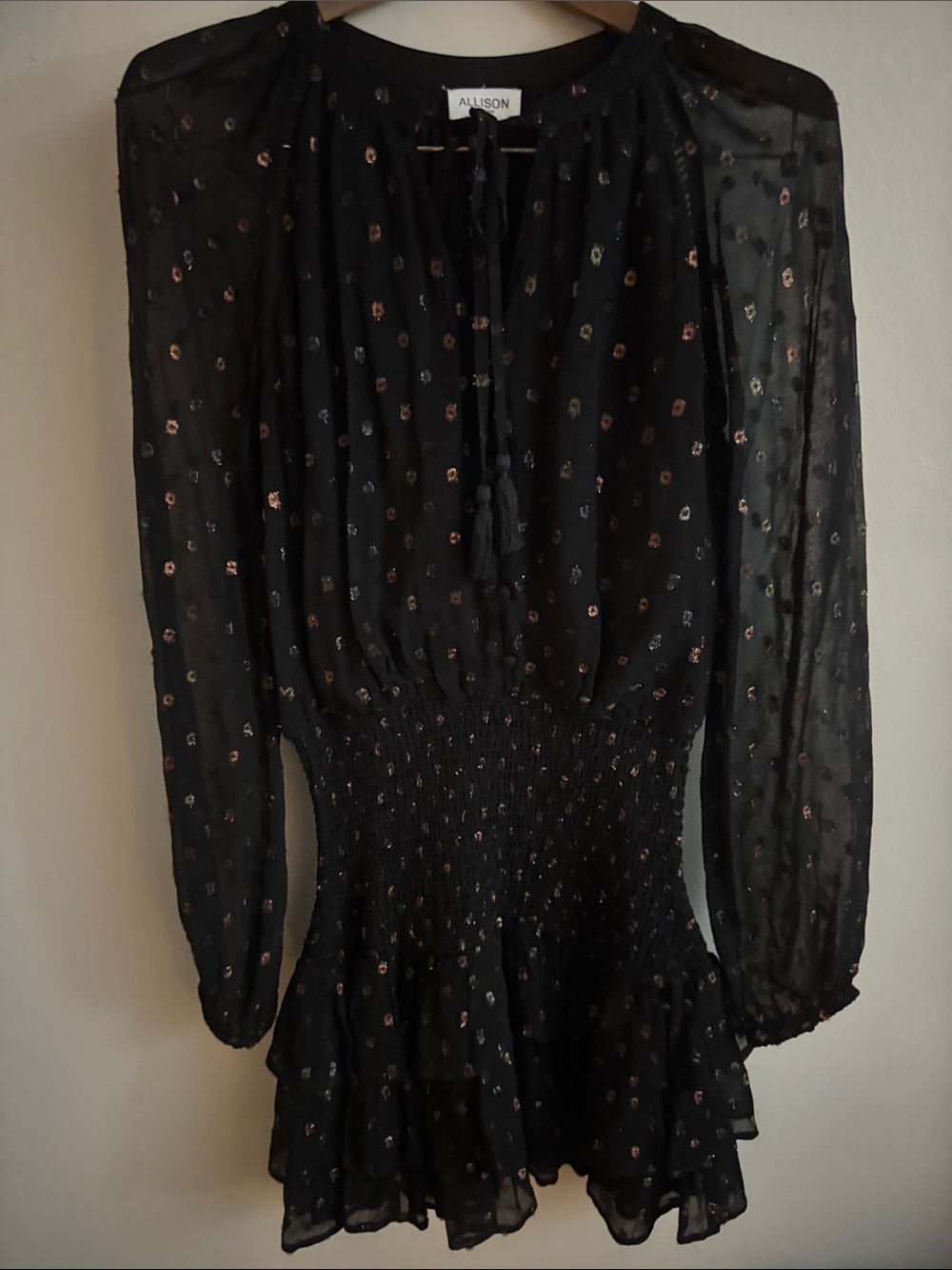 ALLISON Black Long-Sleeve Smocked-Waist Mini Dress with Metallic Dot Accent
